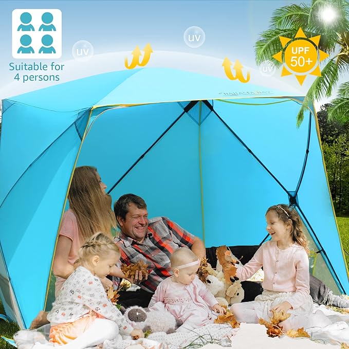 Pop Up Beach Tent, Portable Shade Sun Shelter UPF50+ UV Protection for 4 Person Extendable Floor for Fishing Hiking Camping, Waterproof Windproof(Blue)