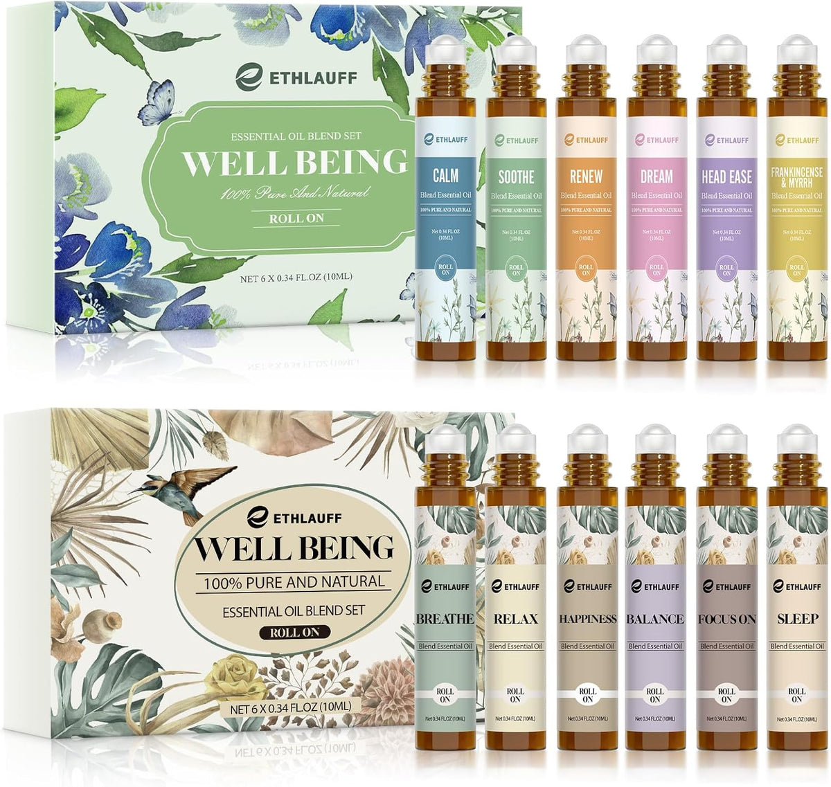 Essential Oils Roll On Set 12 Pack -(Calm, Renew, Soothe, Dream, Head Ease, Frankincense & Myrrh) Relaxation Self Care Gifts,Aromatherapy Oil with Roller Ball - Stress Relief Gifts for Women and Men