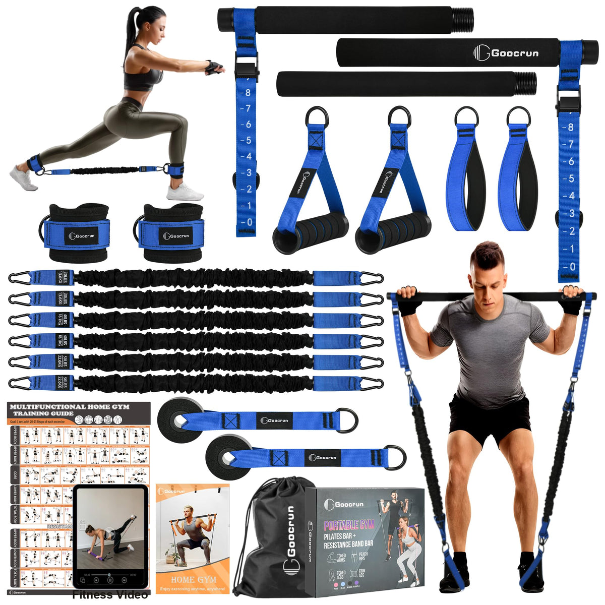 Goocrun Portable Pilates Bar Kit with Resistance Bands for Men and Women - Home Gym, Workout Kit for Body Toning – with Fitness Poster and Video