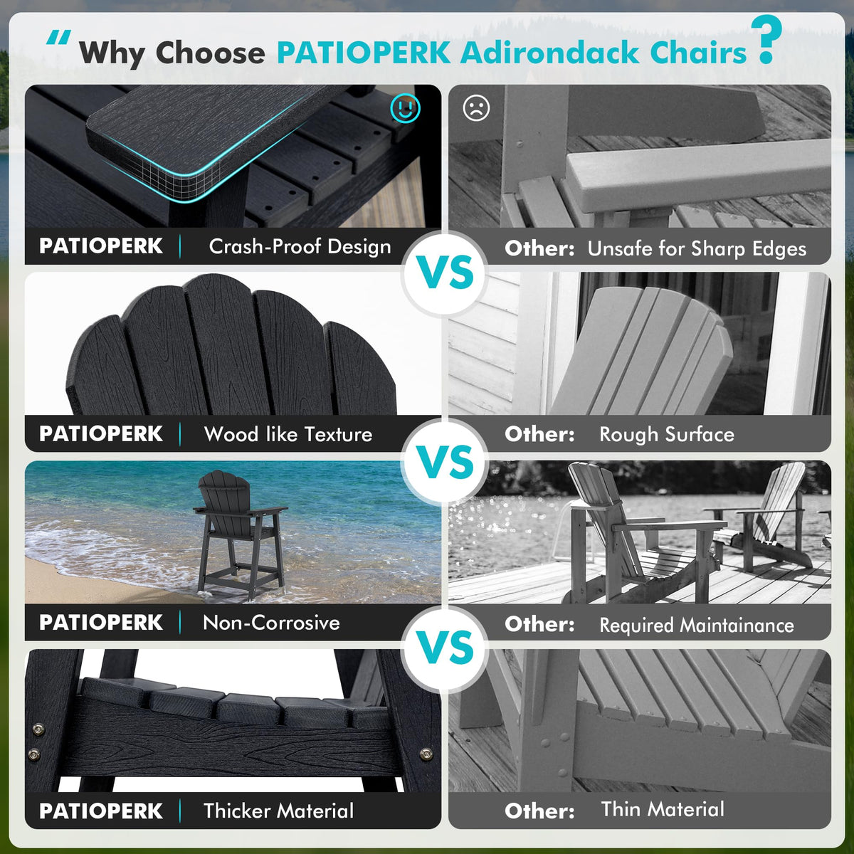 PatioPerk Tall Adirondack Chair Set of 2 with Double Connecting Tray, Recycled HDPE with Wood Grain, Weather Resistant, Outdoor Adirondack Chairs for Deck, Balcony, Patio, Backyard, Black