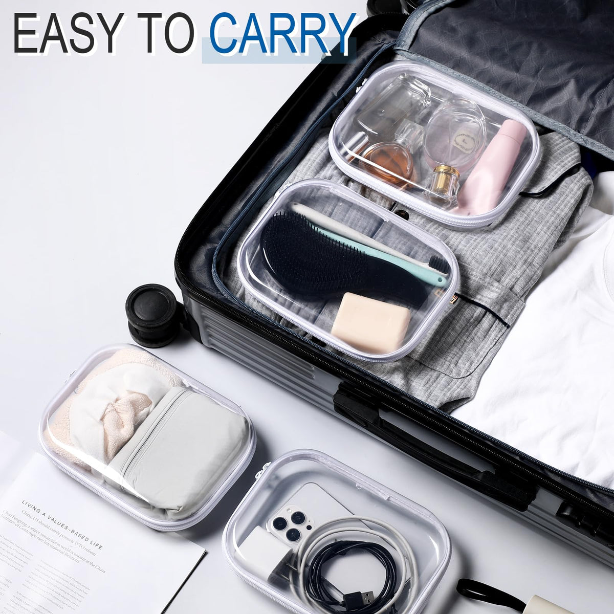 Sanwuta 6 Pcs Clear Hard Zipper Case Hard Plastic Zipper Pouches Makeup Bag Transparent Cases for Snacks Plastic Storage Organizer Portable Box for Travel