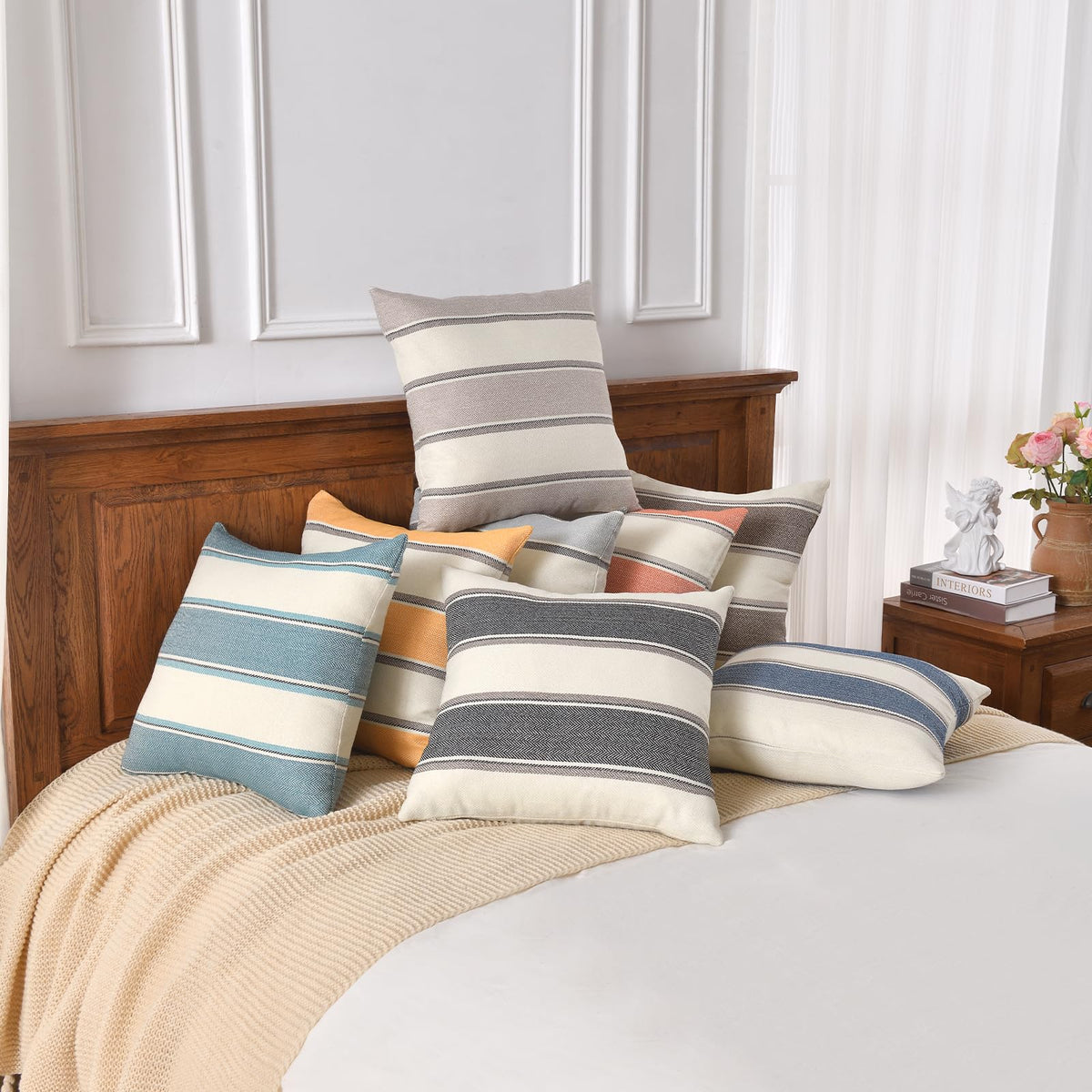 AmHoo Pack of 2 Farmhouse Linen Throw Pillow Cover Cushion Stripe Decoration Buffalo Retro Pillowcase with Hidden Zipper for Sofa Bedroom Car 16 x 16 Inch Yellow