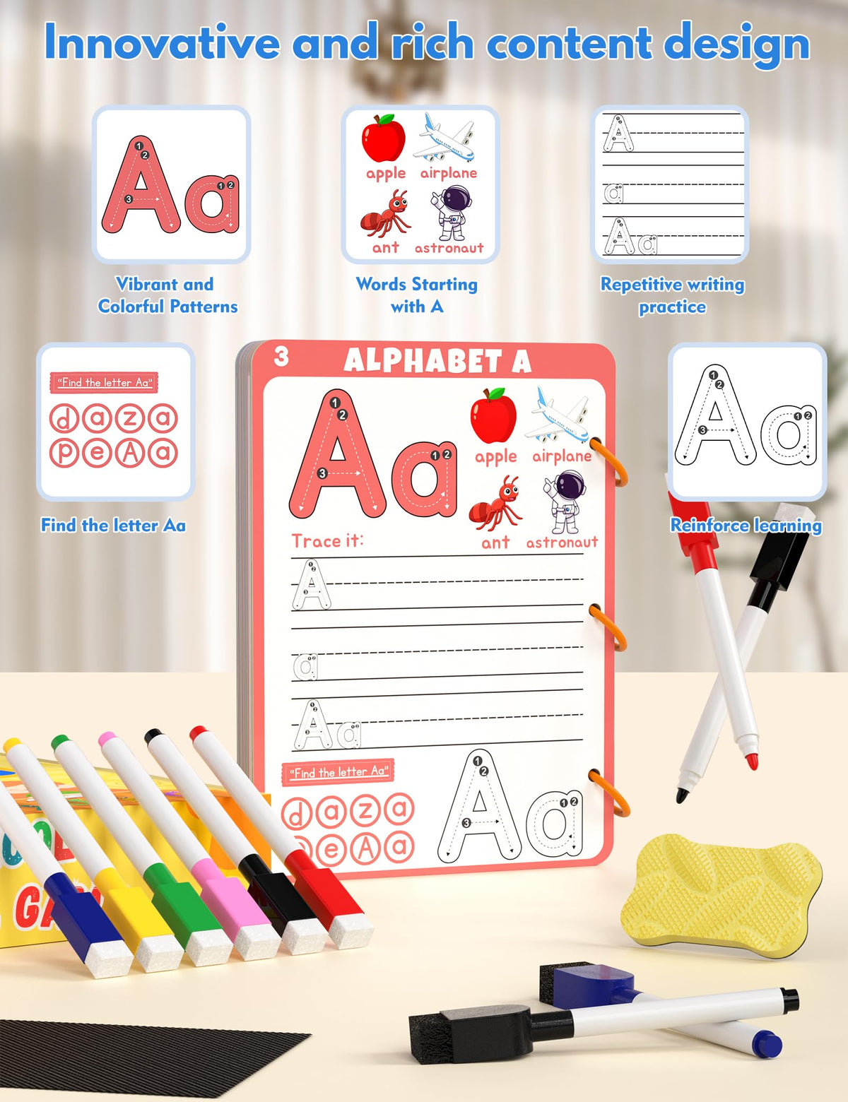Preschool Learning Activities Educational Workbook, 62 Reusable Pages Pre Kindergarten Workbooks, Number Letter Tracing Books for Kids, Autism Learning Materials, ABC Busy Book for Kids Ages 3-7