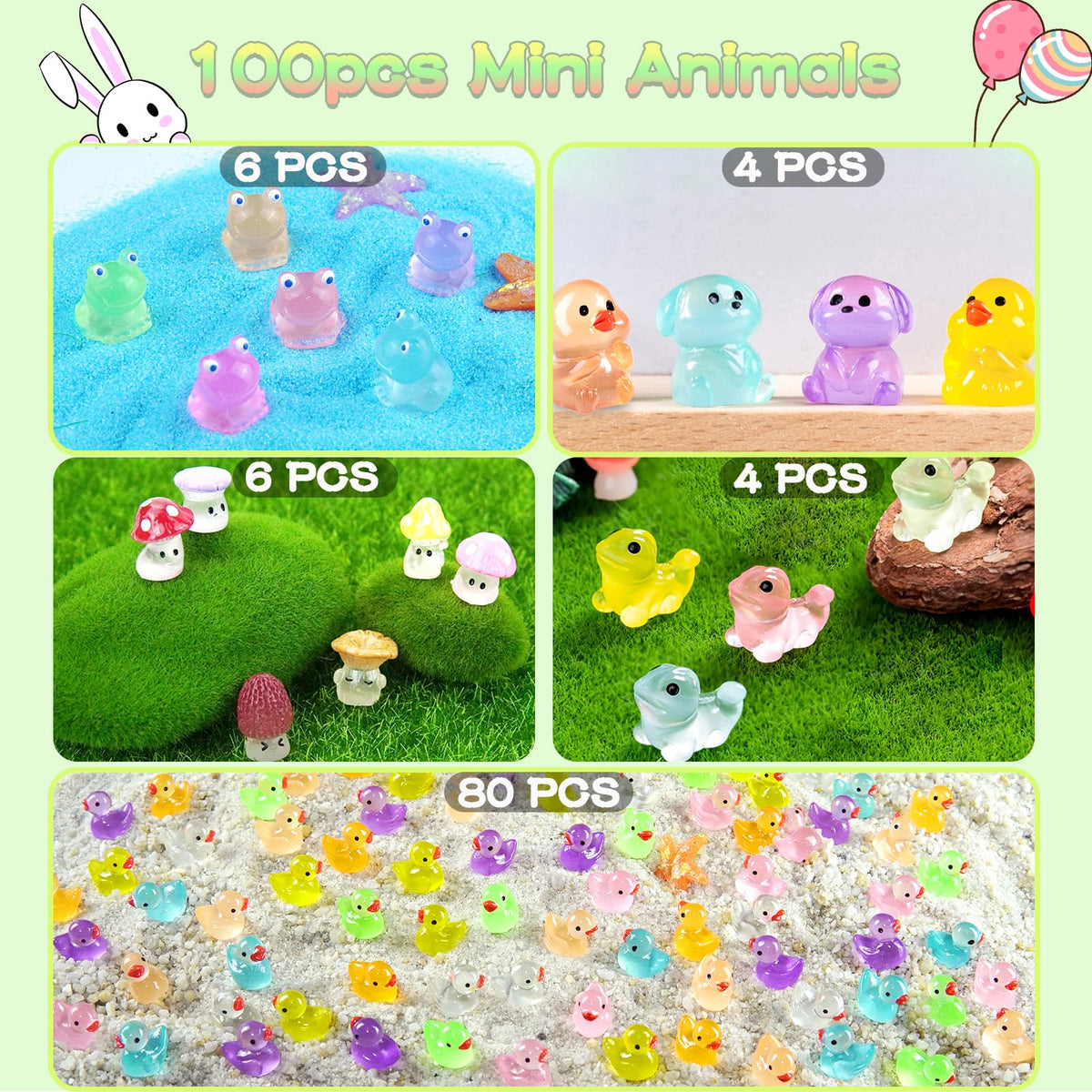 LOIKMIUP 100PCS Luminous Mini Animals Glow in The Dark, Tiny Animals Figures Resin Duck Frogs Mushroom 5 Combination Set for Prank Garden Micro Landscape Dollhouse Decor Craft