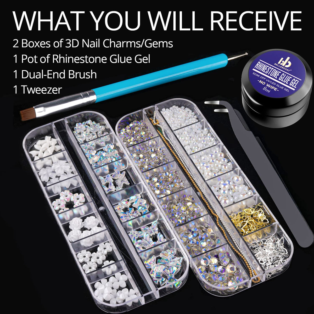 Mixed 3D Nail Art Gem Decoration Accessories Kit #4, Aurora Bear Bow Butterfly Starry AB Rhinestone Charm Jewelry for Deco, Pearl Flower Caviar Bead Stone Crystal with Dual-End Brush and Tweezer