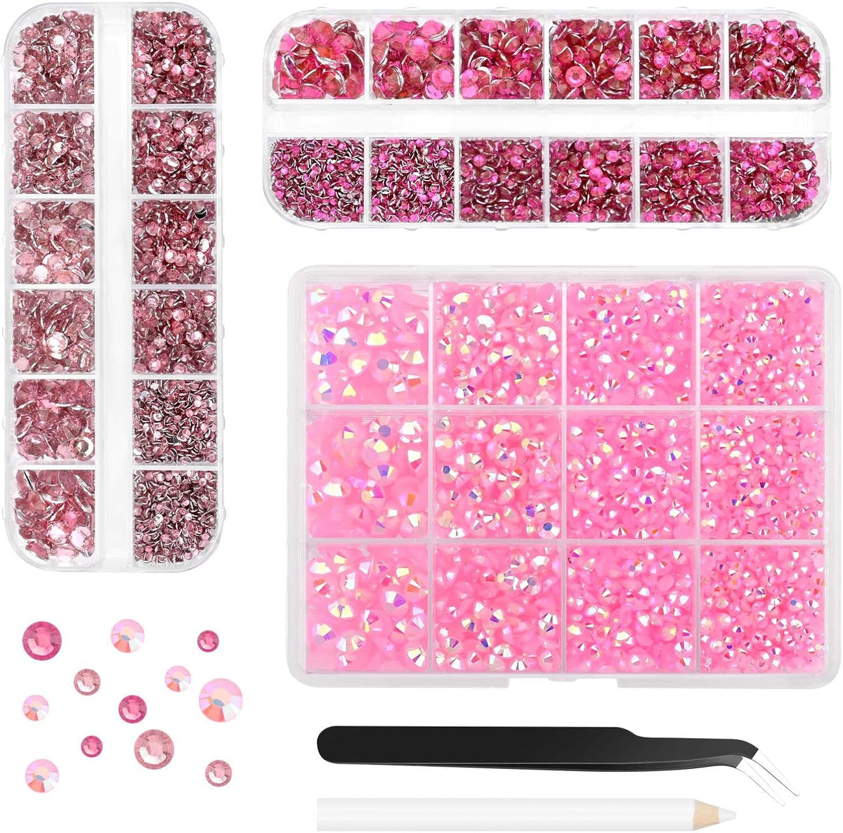 Morcheiong 17000Pcs Resin Rhinestones Pink Flatback Crystals Diamond Includes Tweezers and Pickup Pen Suitable for Crafting DIY Nail Art Makeup Wedding Dress Clothing Mug