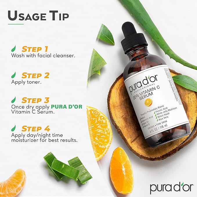 PURA D'OR 20% Vitamin C Serum 4 Oz - Lightweight Maximum Strength Formula - Retinol, Hyaluronic Acid, Ferulic Acid - Professional Grade Treatment For Face & Eyes, Wrinkles - Men & Women