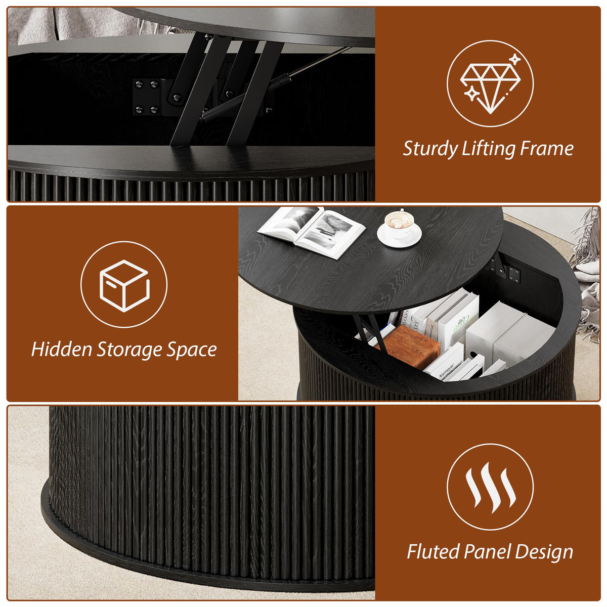 NVETHM Round Coffee Table, Lift Top Coffee Table with Storage, Farmhouse Fluted Center Table Circle Dining Table for Living Room, Reception Room, Home Office (Black)