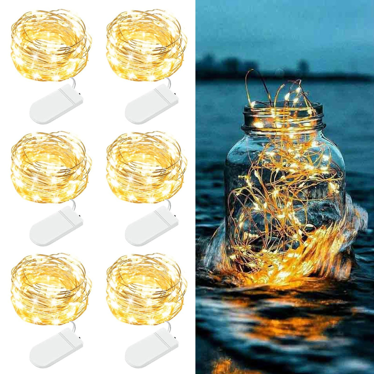 6 Pack Fairy Lights Battery Operated - 7ft 20 LED Twinkle Lights Copper Wire Mini String Lights Firefly Lights for Mason Jars DIY Crafts Christmas Wedding Party Centerpiece Table Decor, Warm White