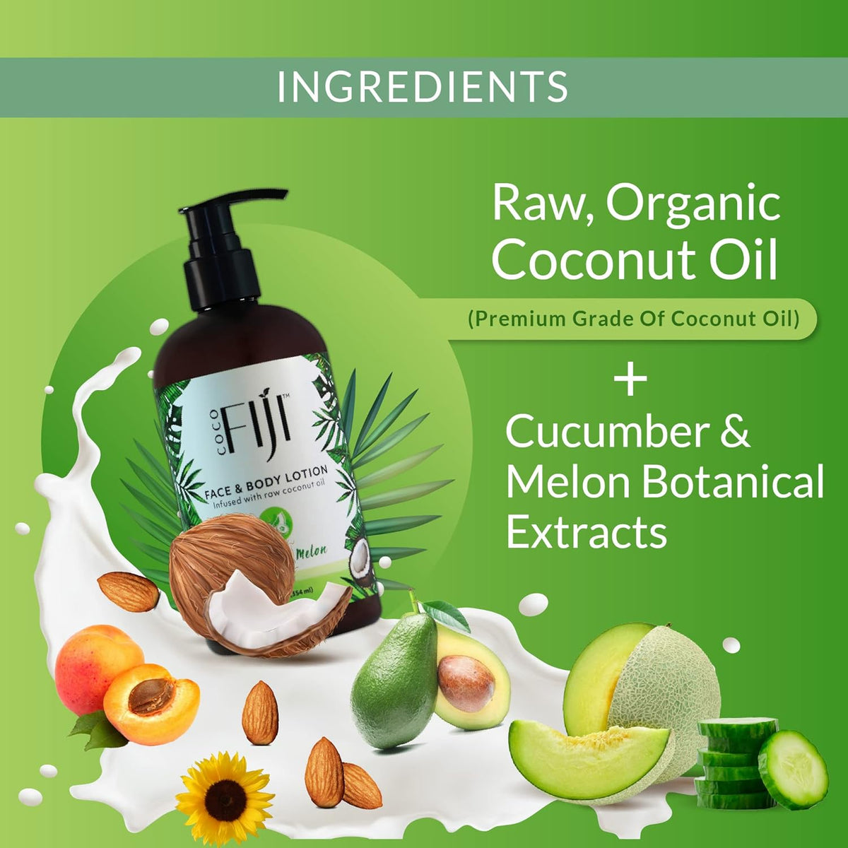 Coco Fiji Face & Body Lotion Infused With Coconut Oil | Lotion for Dry Skin | Moisturizer Face Cream & Massage Lotion for Women & Men | Cucumber Melon 12 oz, Pack of 1