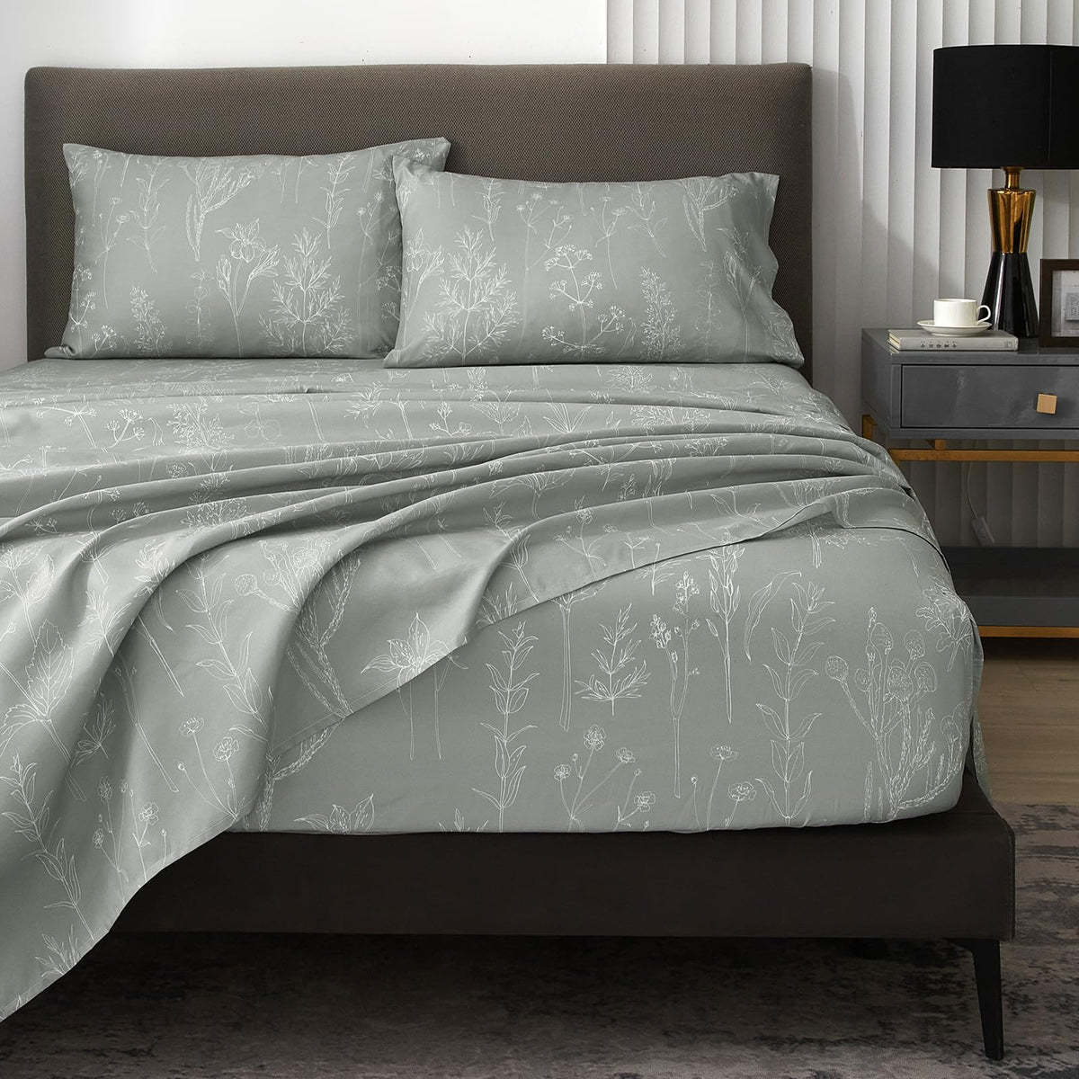 HYPREST Grey King Size Sheets, 18 Inch Deep Pocket King Sheets Botanical Pattern Sheet Luxury Rustic Soft Hotle Quality-1800 Threat Count