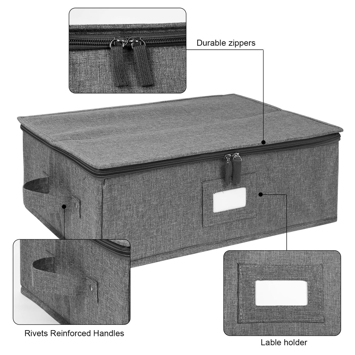 Platter Storage Case, China Storage Containers Hard Shell 17" x 13" x 6", 5 Felt Dividers Included, Structured Top and Stackable (Linen Grey)