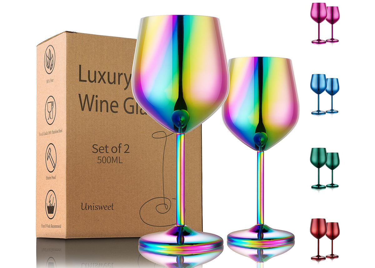 UNISWEET Stainless Steel Wine Glasses Set of 2, 18 oz Unbreakable Colorful Wine Glass Unique Metal Wine Goblets for Outdoor Capming and Pool Gift for Wine Lovers