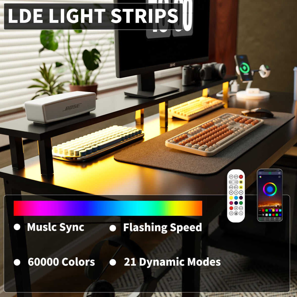 Lkeiyay 47 Inch Gaming Desk with LED Lights & Monitor Stand,Computer Desks with Storage Drawer and Power Outlet,Reversible Gamer Desk with Headphone Hooks and Shelves for Small Space Upgrade Black