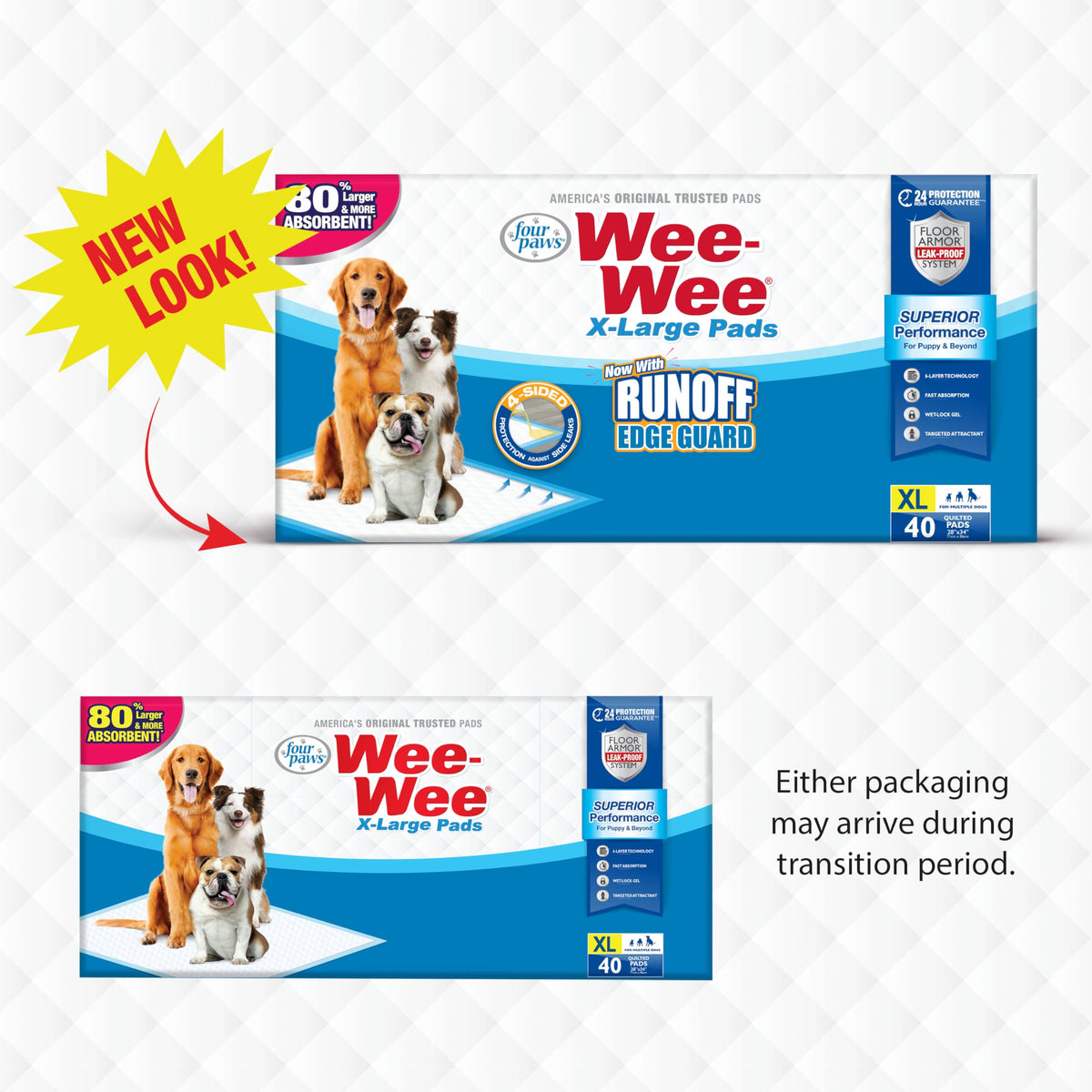 Four Paws Wee-Wee Superior Performance Unscented Extra-Large Pee Pads for Dogs & Puppies, Quilted Leak-Proof Dog Housebreaking Potty Training Floor Protection, 28" x 34", 21 Count