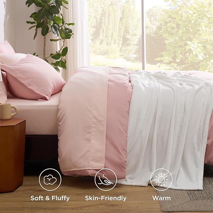 Bedsure Queen Comforter Set Pink, 8 Pieces Prewashed Queen Size Bed in a Bag with Soft Fleece Bed Blanket, Down Alternative Bedding Set for All Seasons, Sheets, Pillowcases & Shams
