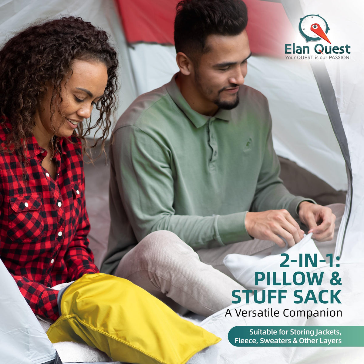 Elan Quest Stuffable Camping Pillow Sack (Small, Yellow) - 10 x 14 - Camping Essentials for Hiking, Backpacking and Travel Essentials - Sold Unstuffed Bring Your Own Stuffing