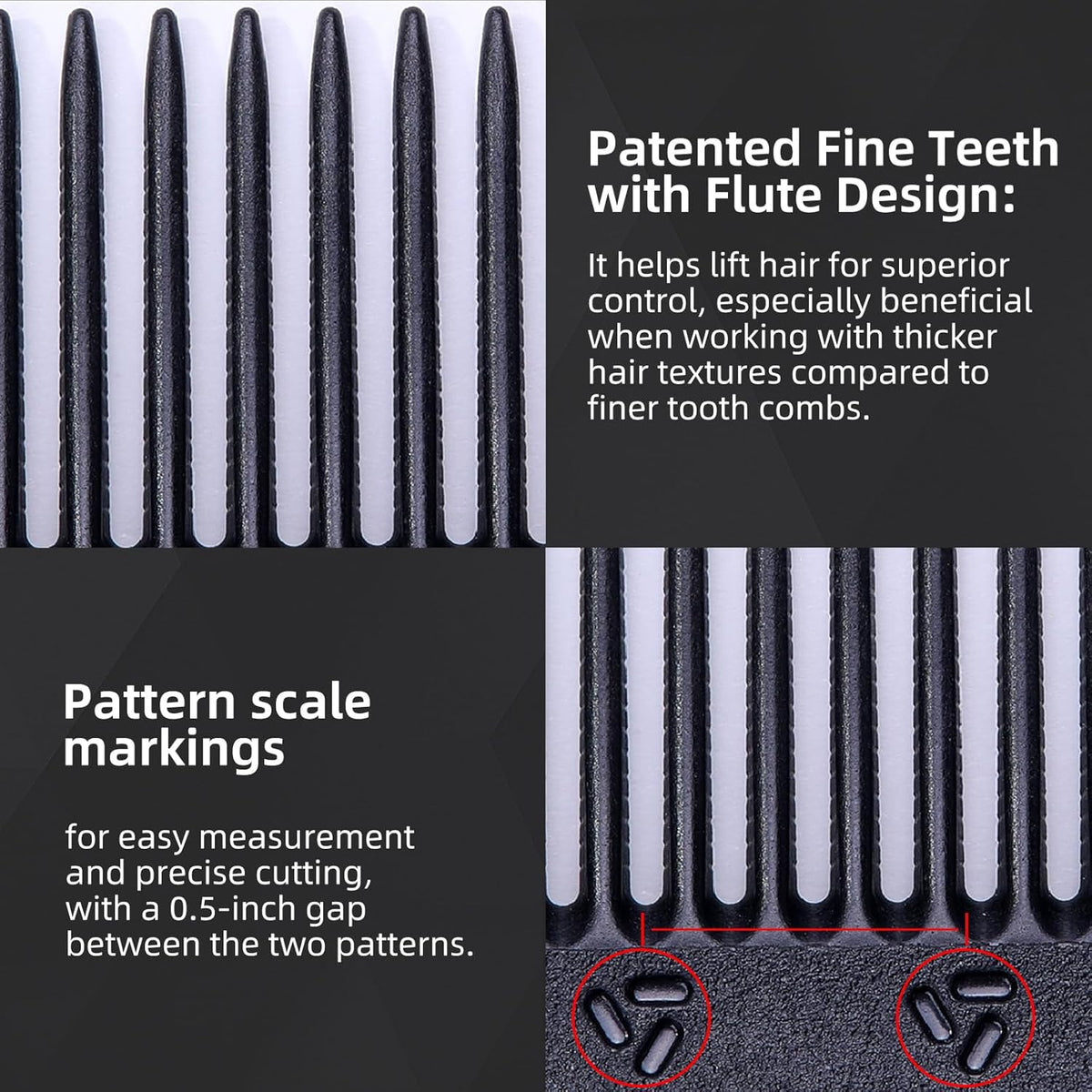 PERFEHAIR 2-Pack Professional Round Tooth Hair Cutting Comb - 7 Inch, Black Carbon Fiber Anti-Static & Heat Resistant, Durable Barber Combs with Fine & Wide Tooth for Precise Haircut for Men & Women