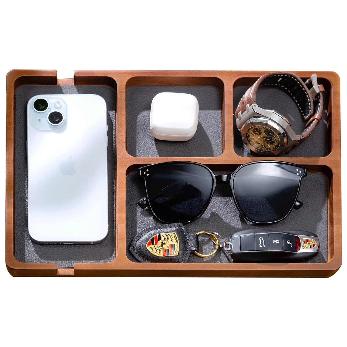 Shinpuru Wooden Valet Tray with Leather Inlay - Nightstand & Desk Organizer - EDC Essentials Catchall Tray for Keys, Phone, Wallet, Watch, Earbuds - Stylish Storage (Wood)