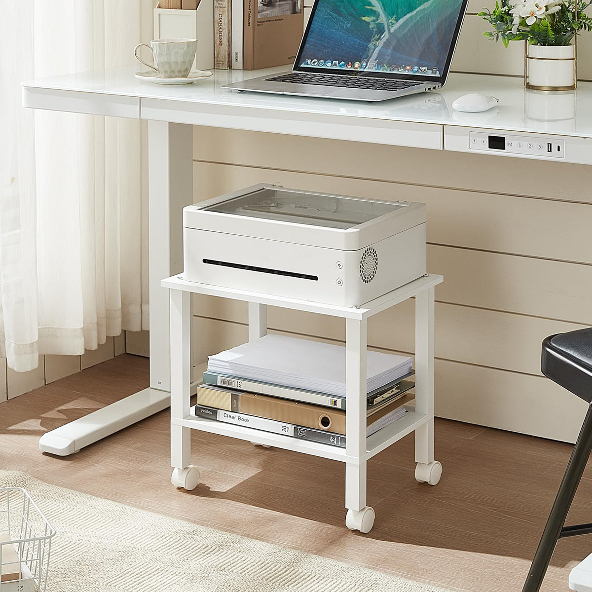 YUFAM 2 Tier Printer Stand with Storage,Under Desk Shelf Printer Table, Rolling Printer Cart for Office,Home,White
