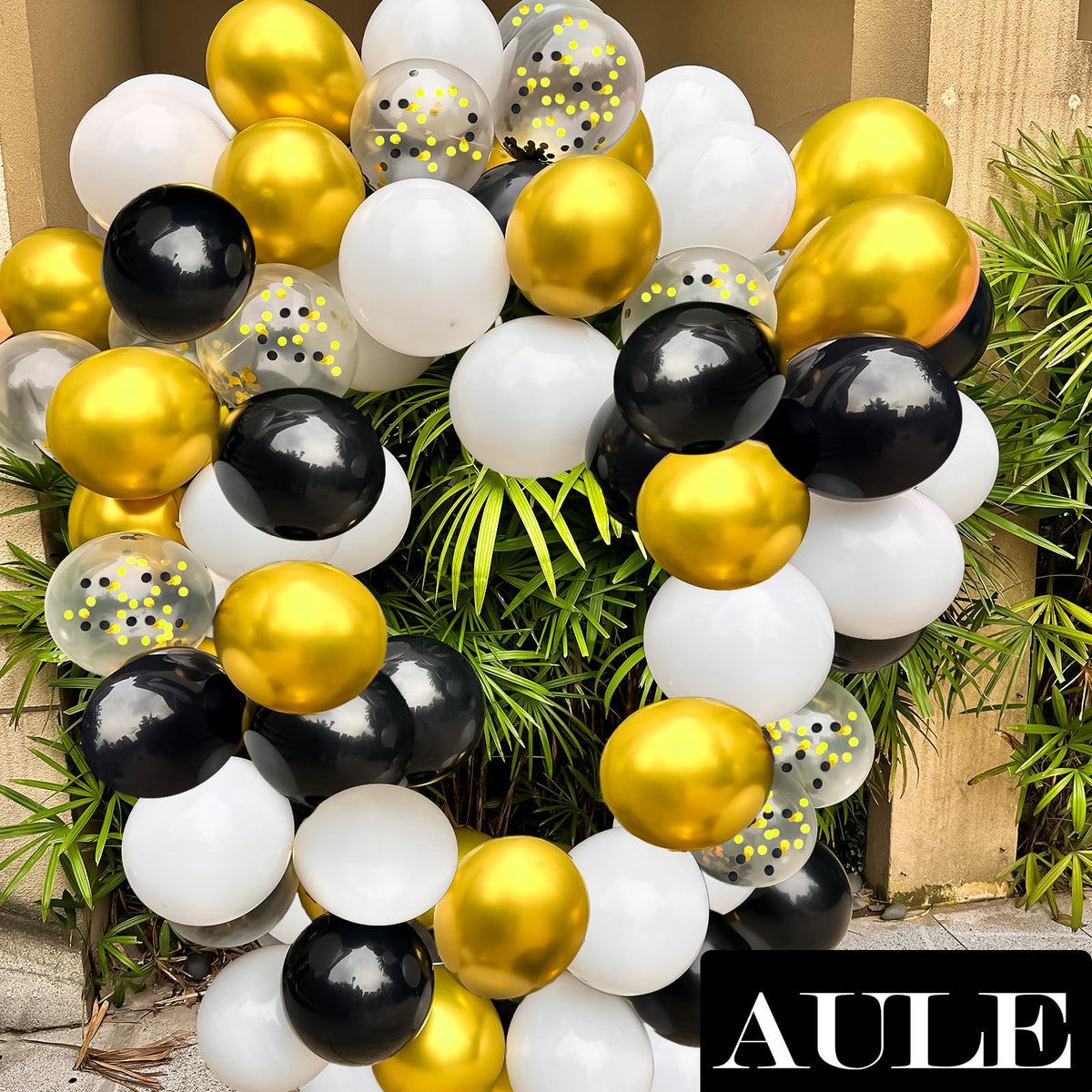 AULE Metallic Gold and Premium Latex Black White Balloons 60 Pack 12inches and Black Gold Confetti Balloons with Gold Ribbons Set for Birthday Graduation Wedding Party Decorations