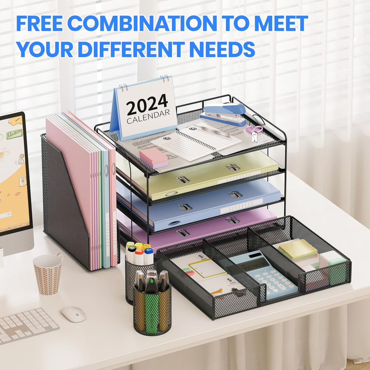 OPNICE Desk Organizer and Accessories, 4-Tier Desktop File Organizer with Drawer and 2 Pen Holders, Office Desk Accessories for Office Supplies(Black)