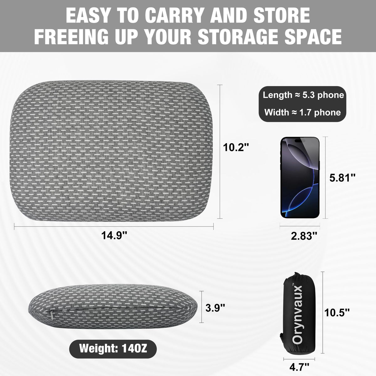 Orynvaux Memory Foam Camping Pillow, Portable Travel Pillow with Breathable Detachable Pillowcase, Compact & Lightweight for Camping, Hiking, Backpacking, Airplane Travel, Includes Storage Bag