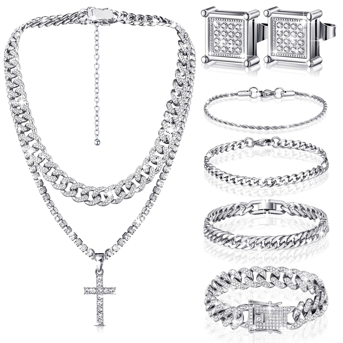 Yinkin 6 Pcs Hip Hop Jewelry Set for Men Rhinestone Link Chain Bracelet Earrings Tennis Diamond Jewelry Set for Men Gift (Silver)