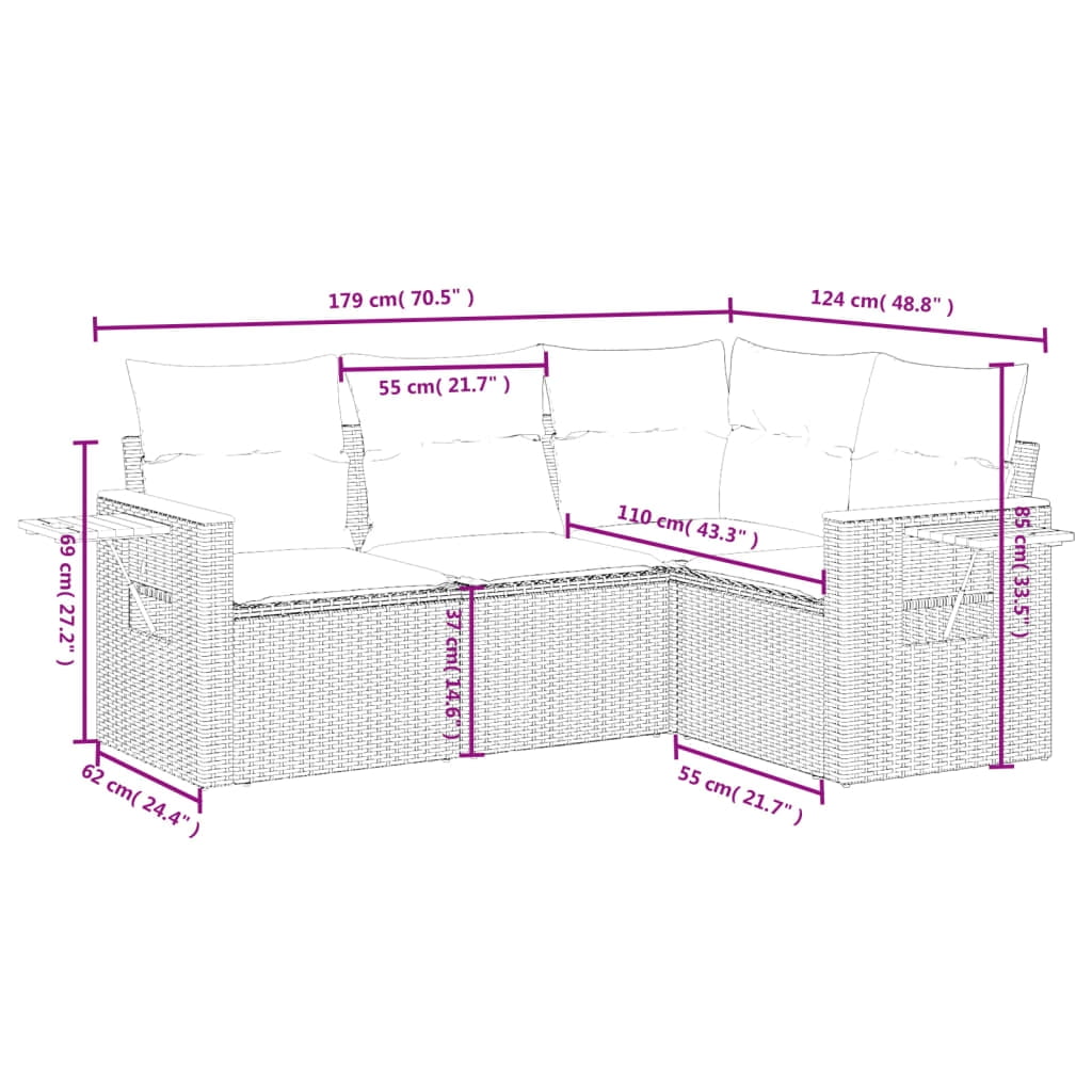 vidaXL Garden Sofa Set Grey PE rattan Large Adjustable Feet