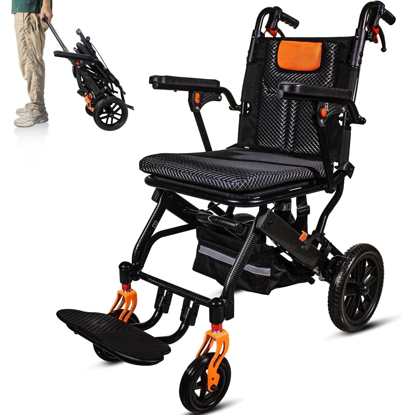20LBS Ultra-Lightweight Foldable Wheelchair for Adults & Seniors, Carbon Fiber Frame, 10” Honeycomb Tires, 220LBS Capacity, 1-Second Fold for Travel