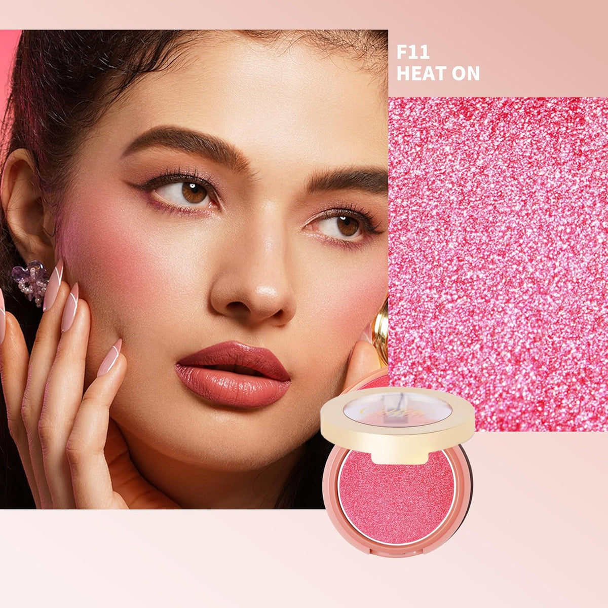 Oulac Pink Luminisers Powdery Blusher for Cheeks Face Glow,Brighten Skin As Highlighter Makeup, Shimmer Blusher,Buildable and Vegan Cosmetics,4.8g F11 Heat On
