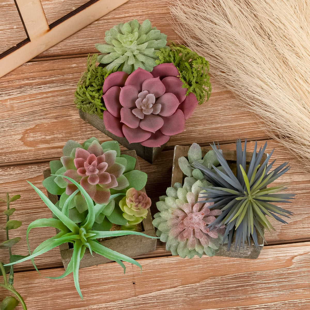 Mingfuxin Succulents Plants Artificial, Mini Assorted Green Fake Plants in Pots, Small Artificial Succulent Plant with Wood Potted for Bathroom Home Office Living Room Table Decor Indoor, Set of 3