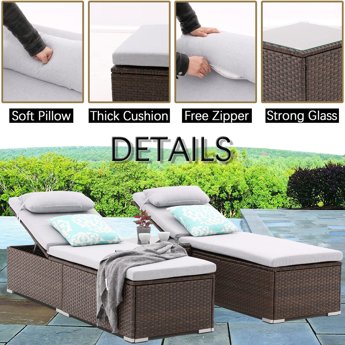 iArtHand 3 Pcs Patio Chaise Lounge with Coffee Table Cushion&Pillow Outdoor Lounge Chair Chaise Lounger Patio Reclining Chair 5 Angle Adjustment Brown Rattan for Courtyards Poolside Garden
