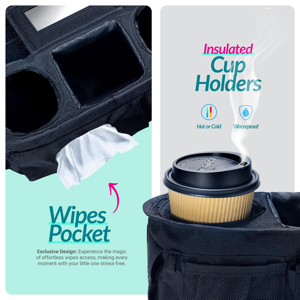 Swanoo Stroller Caddy Stroller Organizer With Cup Holder, Non Slip Straps Stroller Bag for Phone, Pet Stroller Accessories, Universal Fits Uppababby Vista v2 Wonderfold Wagon, Doona and More