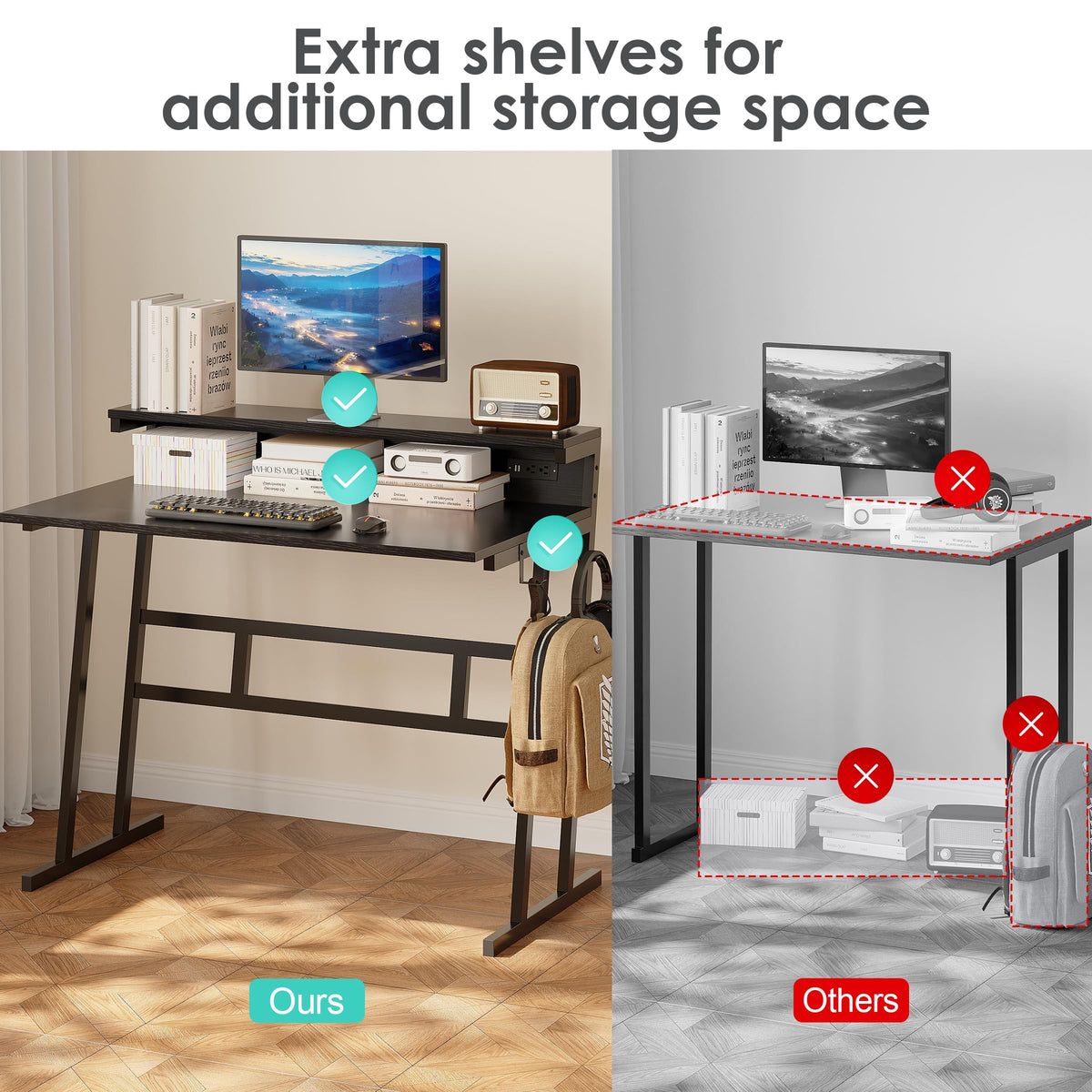 Zenira 40 Inch Computer Desk with LED Light Strip, Writing Desk for Home Office, Gaming Table for Bedroom, Desk with Shelves, Black