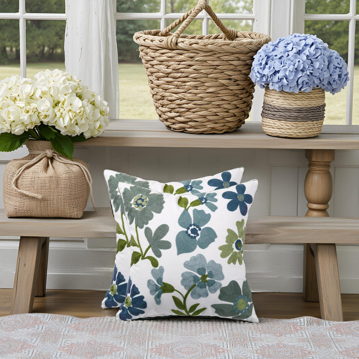 Tosleo Embroidered Throw Pillow Covers 18x18 inch Pack of 2 Blue Blossoms Spring Decorative Pillowcases Farmhouse Coastal Pillow Cushion Cases Home Decor Square Floral Pillow Case