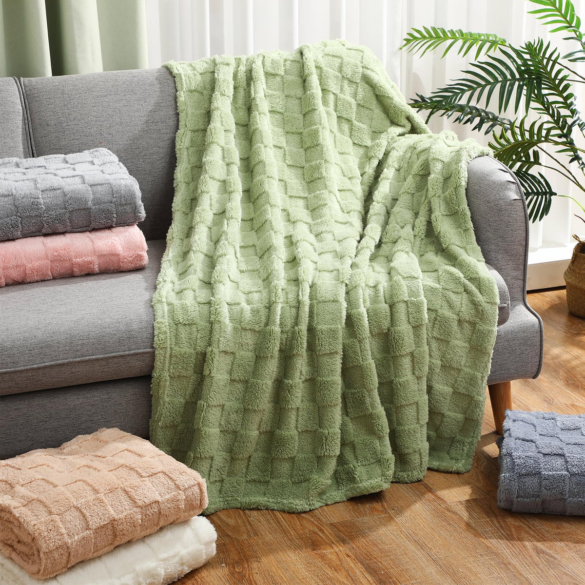 Buryeah 6 Pack Fleece Throw Blankets Bulk, 50 x 60 Inches Soft 3D Checkered Jacquard Flannel Warm Plush Blankets for Couch Sofa Bed Wedding and Employee Appreciation Gifts (Mixed Color)