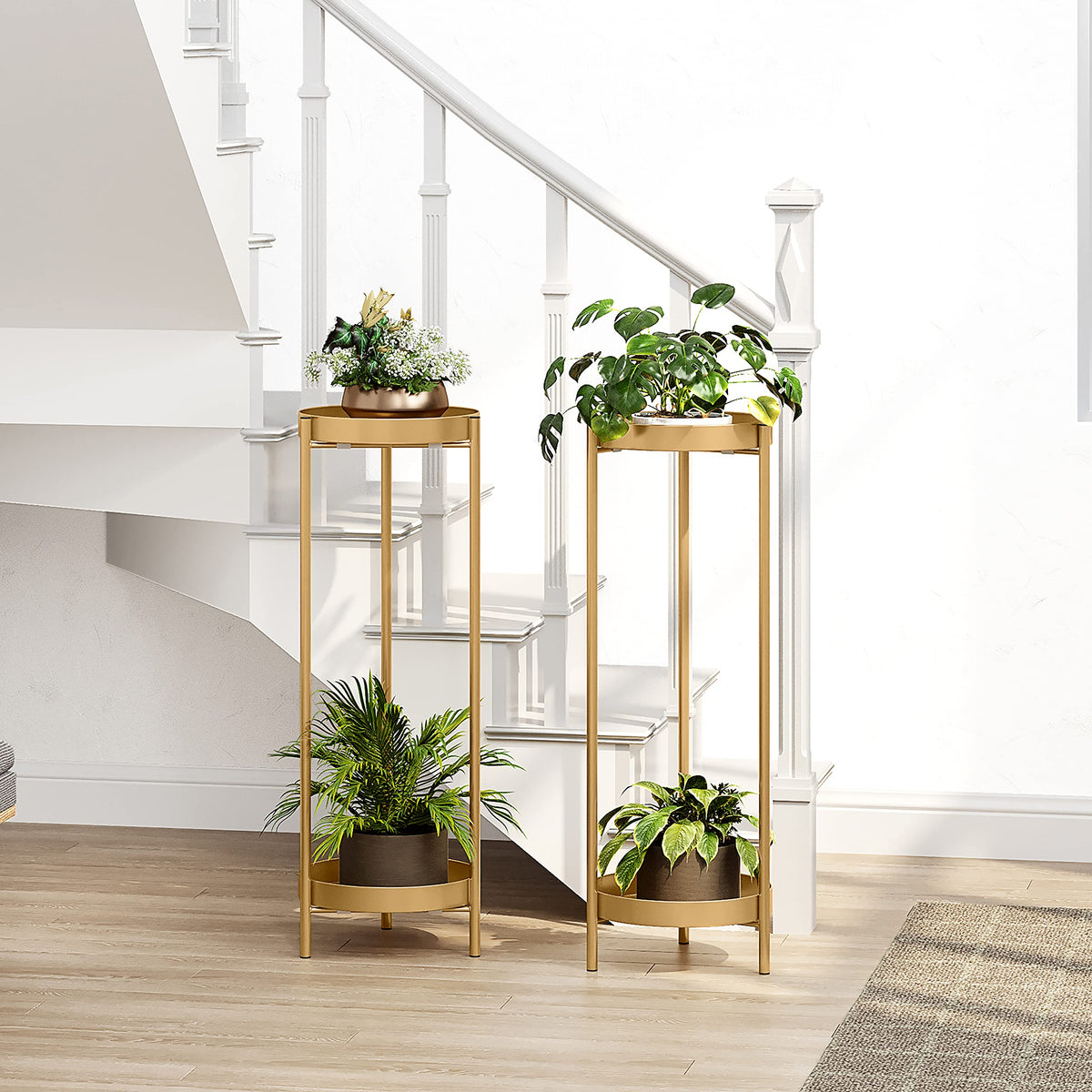 Philodwell Metal Gold Tall Plant Stand Indoor or Outdoor - 30 inch 2 Tier Modern Corner Planter Shelf Rack with 2 Removable Display Shelves(10 inch) for Bedroom Living Room Balcony