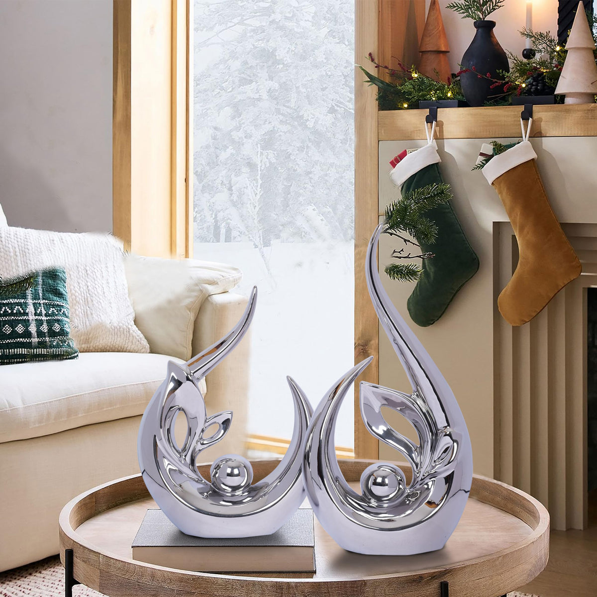 2 PCS Silver Decor Accent Ceramic Statue Abstract Sculptures Centerpieces Mid Century Modern Decor for Tables Coffee Table top Decorations for Living Room Desktop Shelf Dining Room Kitchen