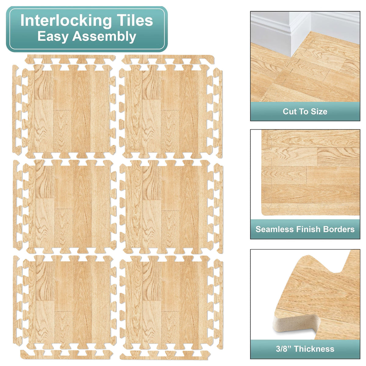 Sorbus Wood Grain Floor Mats Foam Interlocking Mats Each Tile 1 Square Foot 3/8-Inch Thick Flooring Wood Mat Tiles - Home Office Playroom Basement Trade Show (16 Tiles,16 Sq ft, Wood Grain - Pine)