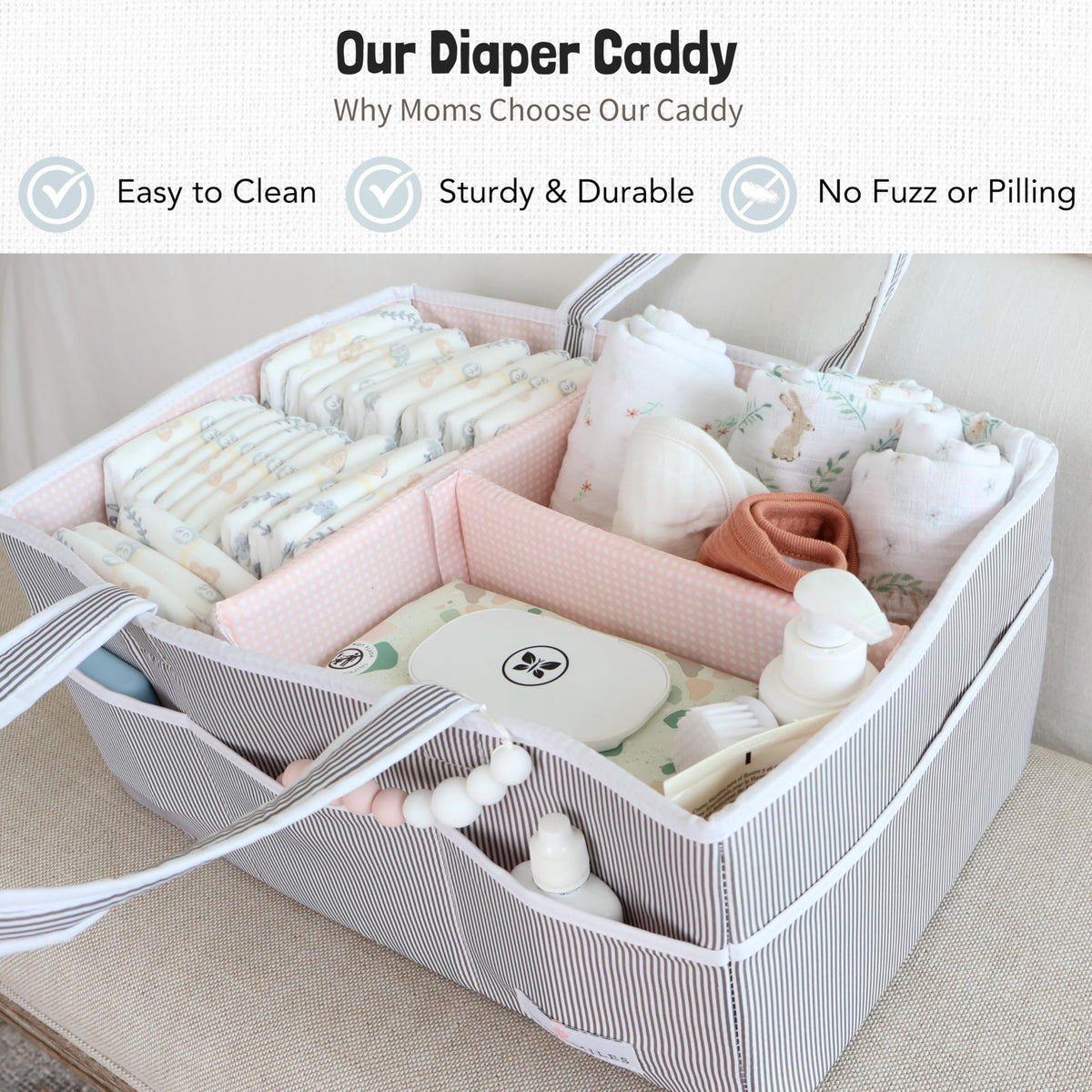 Lily Miles Baby Diaper Caddy - Organizer Tote Bag for Baby Girl Essentials - Baby Shower Basket - Nursery Must Haves - Registry Favorites - Newborn Caddie Car Travel - Gray/Blush, Extra Large