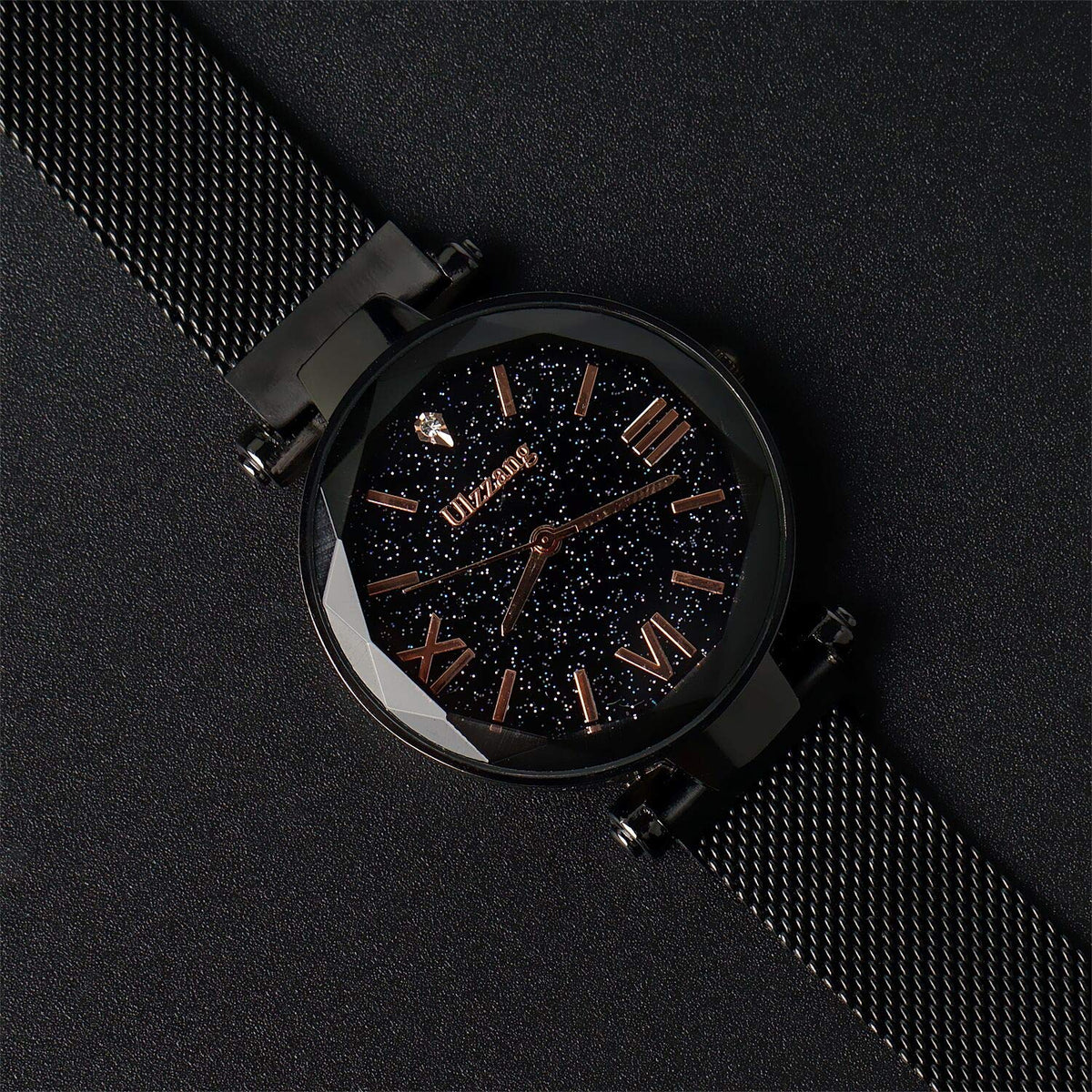 FUNGORGT Fashion Black Ladies Watch Magnetic Mesh Band Starry Sky Dial Analogue Quartz Wrist Watch for-Valentine's Day Gifts