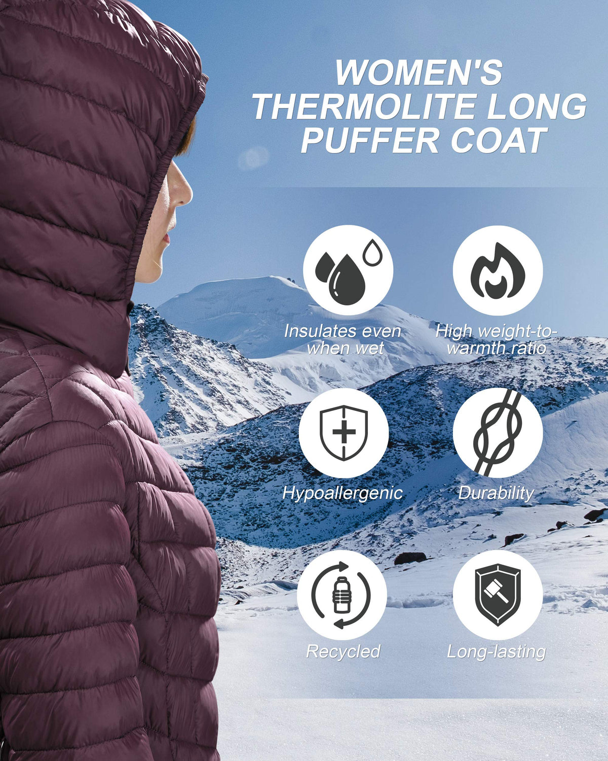 Outdoor Ventures Women's Lightweight Warm Winter Long Puffer Coat with Hood-Large,36"