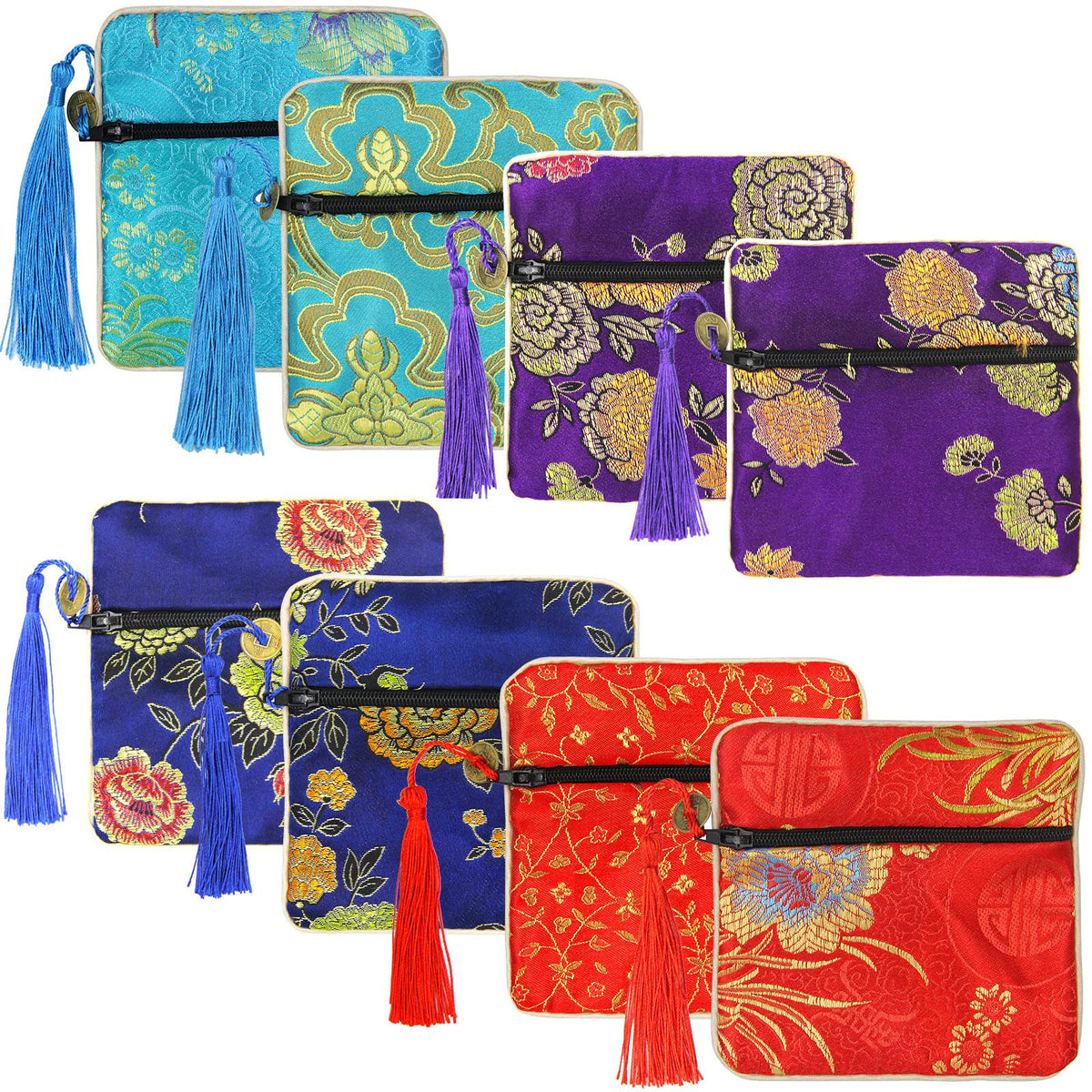 PINOWU 8pcs Silk Brocade Jewelry Bags with Zipper (11.5x11.5cm), Jewellery Silk Purse Pouch Gift Bags for Women Coins Traveling Jewelry Rolls Wedding Birthday Party Favors