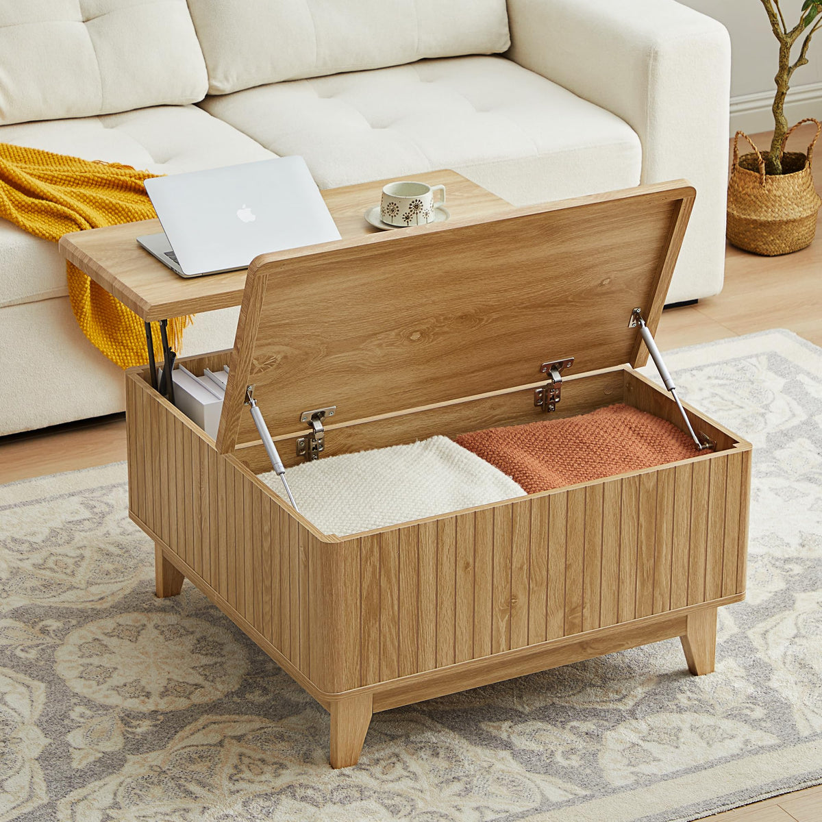 NVETHM Lift Top Coffee Table, Square Coffee Table with Hidden Storage Compartment, Farmhouse Wood Center Table Dining Table for Living Room, Bedroom, Home Office (Natural)
