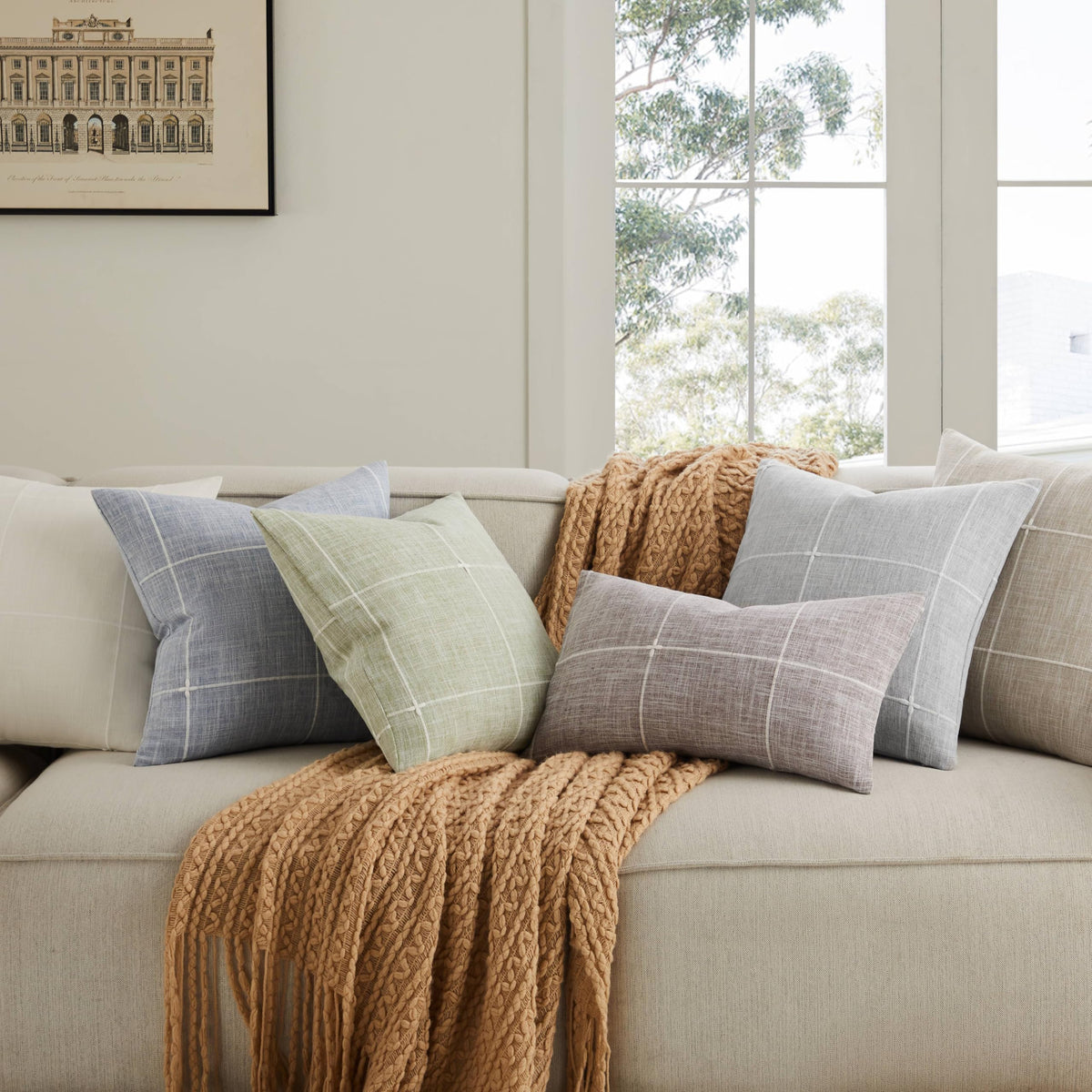 YZJZEDS 2 Packs Grid Embroidery Throw Pillow Covers, 20x20 Inch Green, Farmhouse Cotton Linen Decorative Sage Green Cushion Covers for Sofa Bed Living Room Home Decor