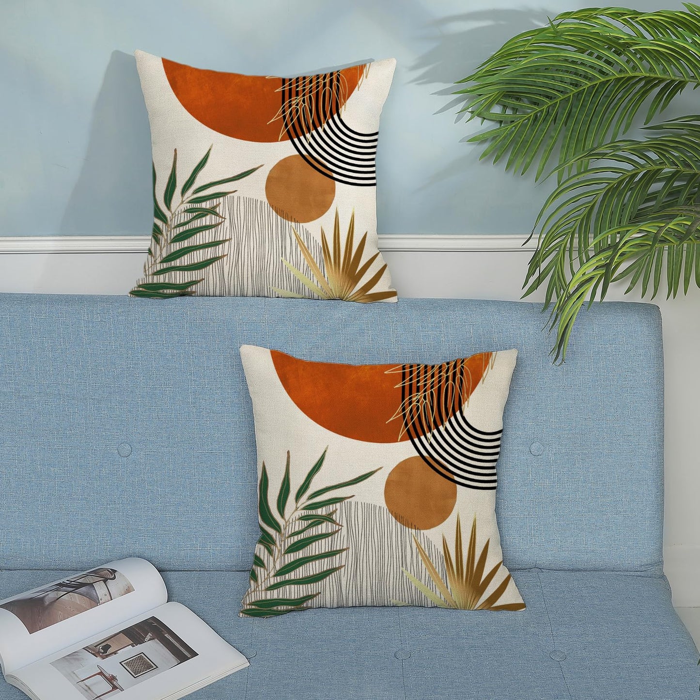 GOLIANDA Boho Pillow Covers 20x20 Set of 2 Green Gold Orange Throw Pillows Tropical Leaves Sunset Modern Mid Century Decorative Pillowcase Outdoor Bohemian Linen Cushion Case for Couch Sofa Bed Decor