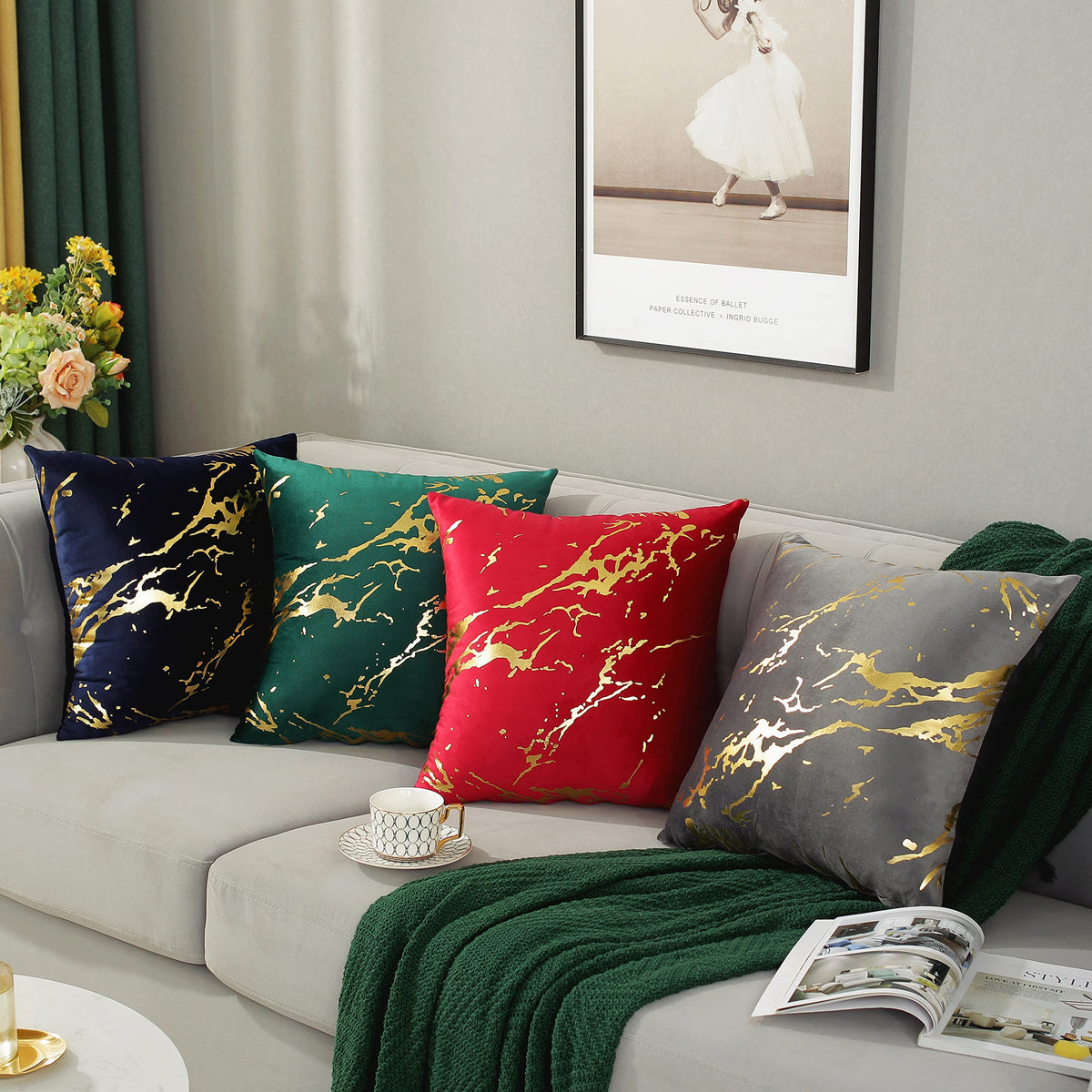 TAOSON Pack of 2,Velvet Marble Pattern Lines Geometric Bronzing Printed Cozy Soft Throw Pillow Cases Cushion Covers Shells for Sofa Couch Bed Home Decoration 20 x 20 Inches, Red and Gold
