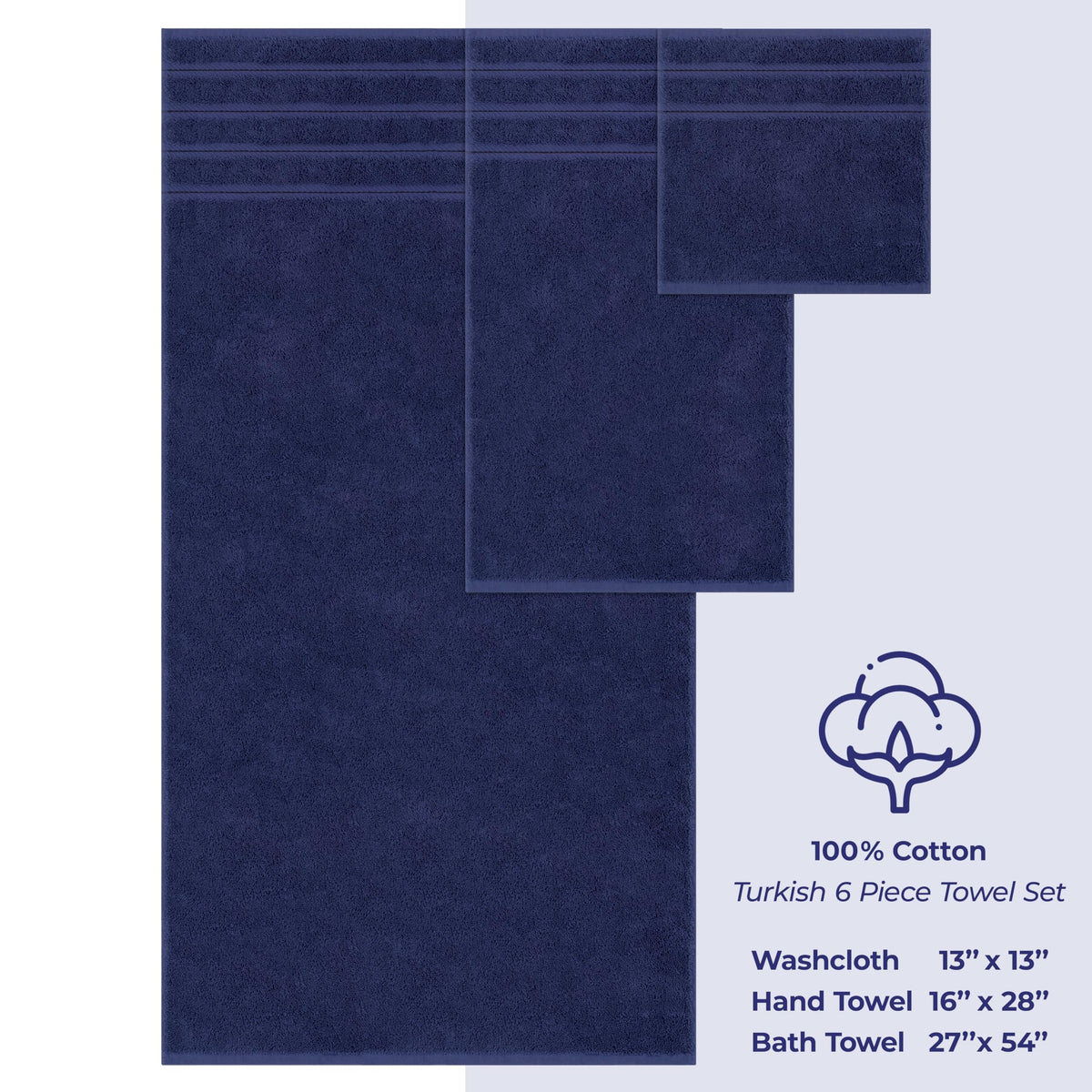 American Soft Linen Luxury 6 Piece Towel Set, 2 Bath Towels 2 Hand Towel 2 Washcloths, 600 GSM 100% Cotton Turkish Towels for Bathroom, Navy Blue Towel Sets