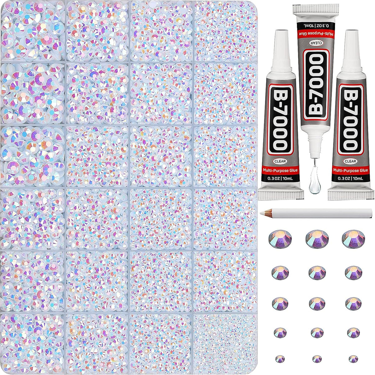 30000Pcs Resin Jelly Rhinestones Set for Crafting Bedazzling, White ab Flatback Gems Jewels for Crafts Clothes Shoes Fabric Outfit Nails Makeup, Flat Back Crystal 2-6mm with b 7000 Glue
